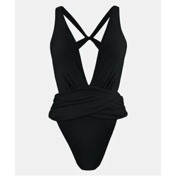 NWT Cupshe x Jojo Fletcher Mindful Solids Deep Onyx Plunge One Piece Size XL - Picture 3 of 9